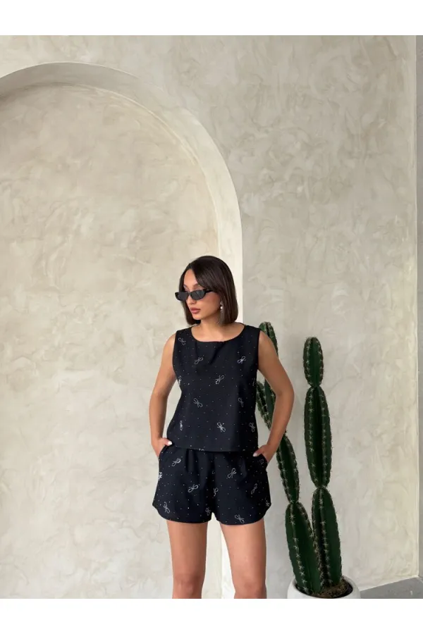 Fiyonk Taş Baskılı Şort - Siyah | Topshow