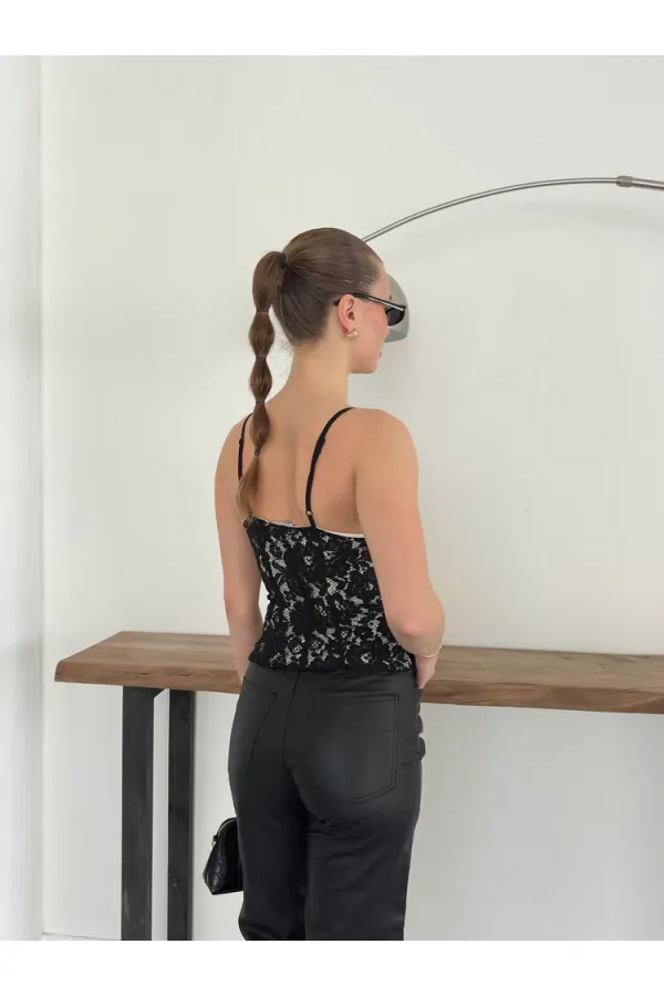 D 2939 Strappy Lace Tank Top - Black