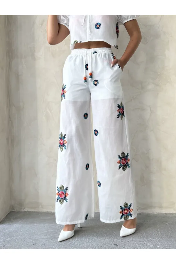 Nakışlı Pantolon - Krem | Topshow