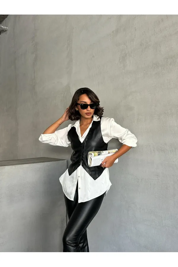 Gilet en cuir boutonné en gros - Noir | TOPSHOW | F1503