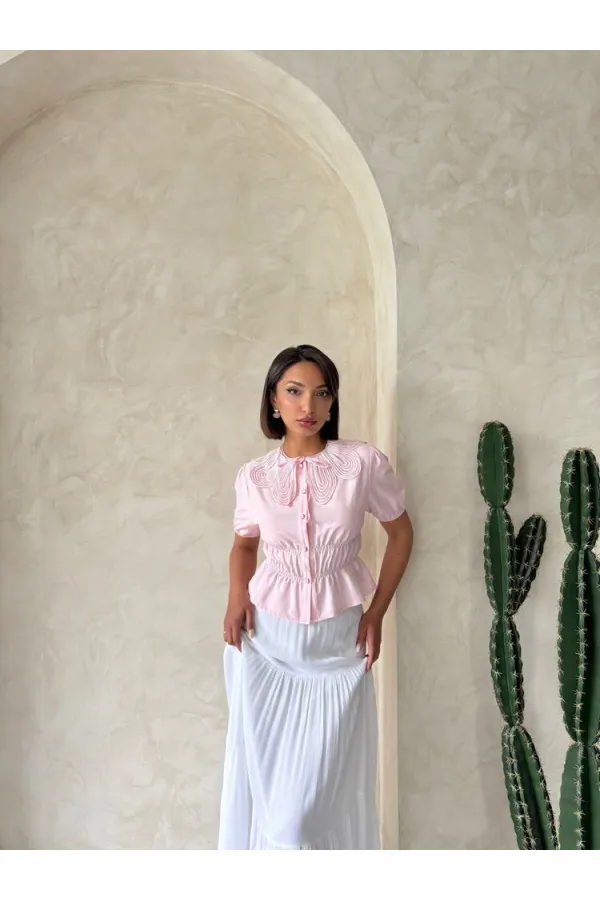 Gathered Shirt with Collar Detail - Pink | Topshow