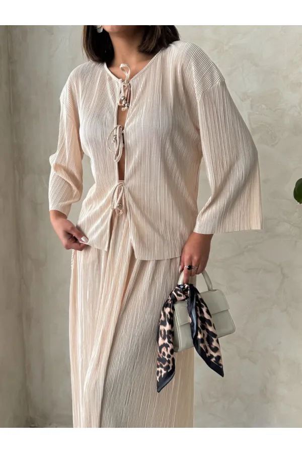 Chemise plissée à nouer sur le devant - Gris pierre | Topshow | F1739