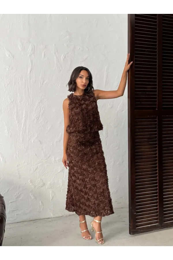 Topshow - Toptan Gül Süzüneli Etek - Kahve