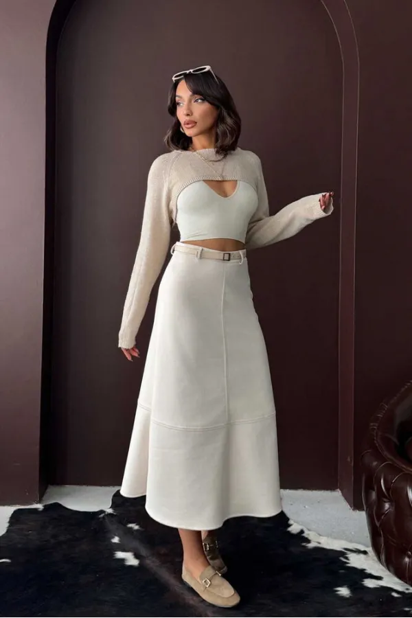 Topshow Scuba Suede Skirt - Stone | F2004