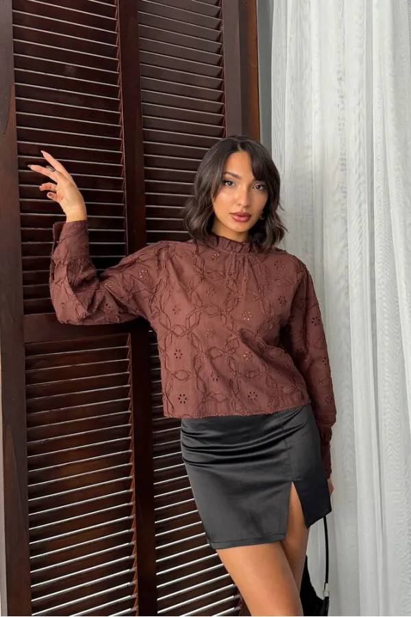 Topshow - Wholesale Embroidered Long Sleeve Women's Blouse - Stylish and Modern - Brown