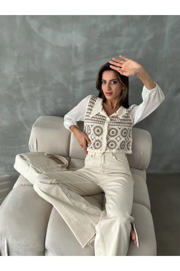 Gilet court à motif floral en gros | F0025 - Marron pierre | TOPSHOW | F0025