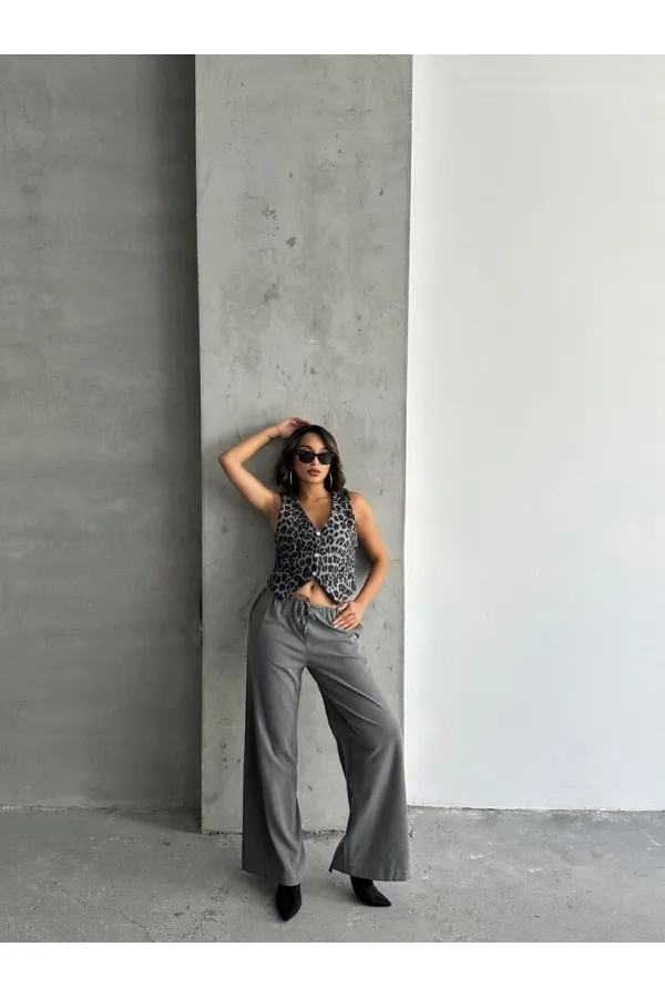 Kaşe Toptan Yelek - Gri Leopar | TOPSHOW | F1824