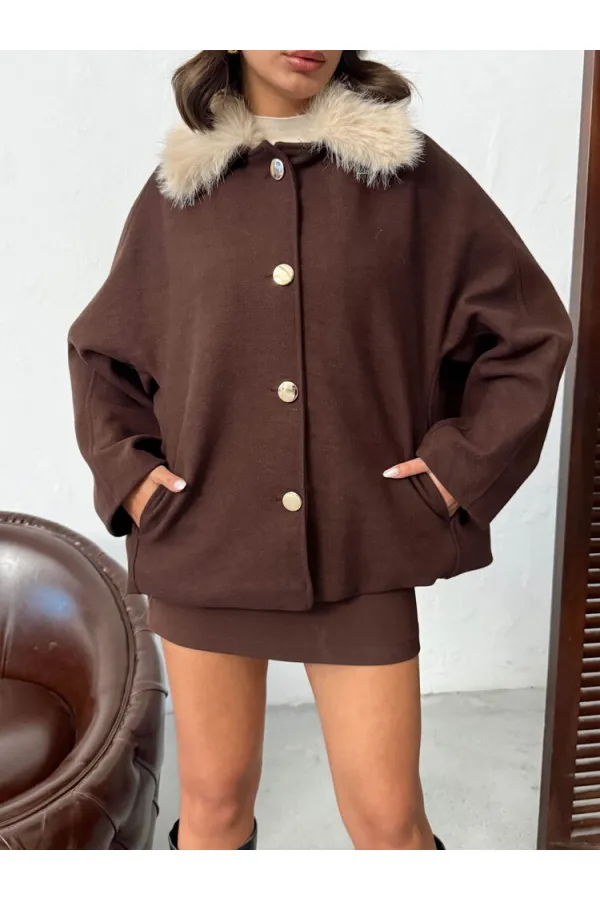 Topshow Peluş Yakalı Dügmeli Kaşe Mont - Kahve | F2048