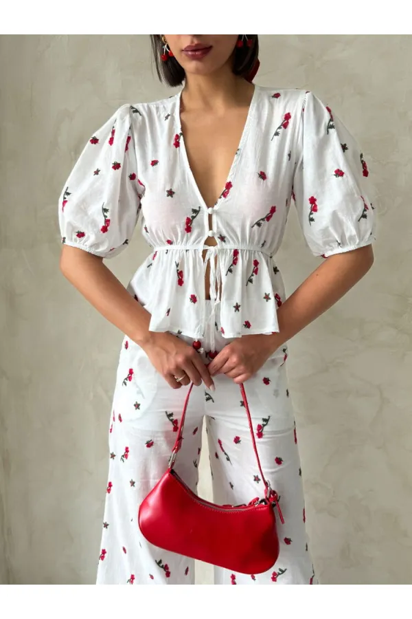 Nakışlı Vual Bluz - Kırmızı | Topshow