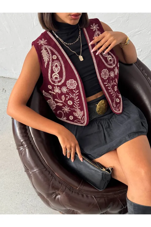 Topshow - Toptan Fitili Kadife Nakışlı Yelek - Bordo