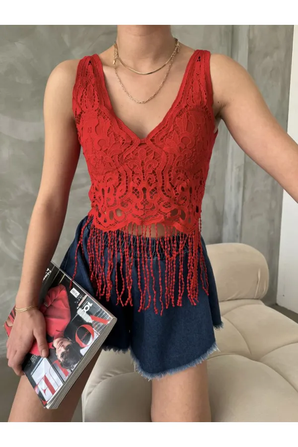 Bustier à col en V et jupe à franges rouge (vente en gros) | TOPSHOW