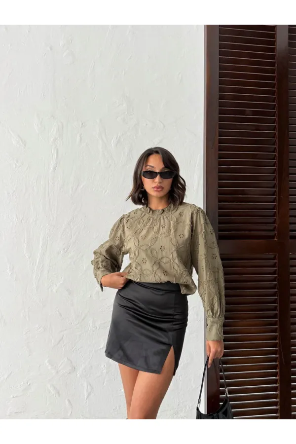 Topshow - Chemisier brodé à manches longues pour femme - Vente en gros - Élégant et moderne - Kaki