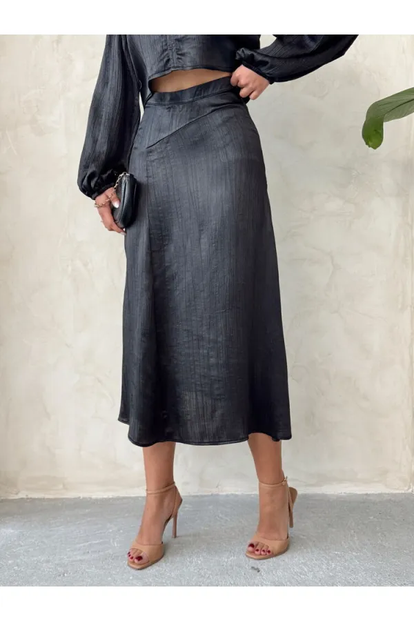 Kraşlı Saten Toptan Etek - Siyah | Topshow | F1915