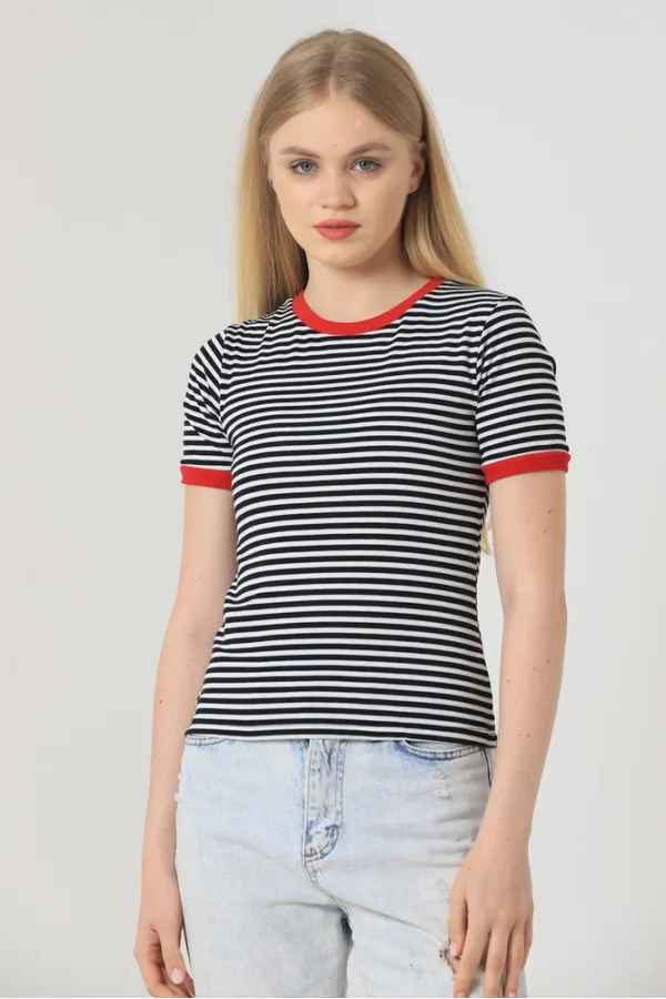 T-shirt Topshow rayé noir et rouge en gros