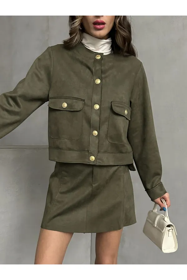 Veste en daim à poches en gros - Kaki | TOPSHOW | F1800