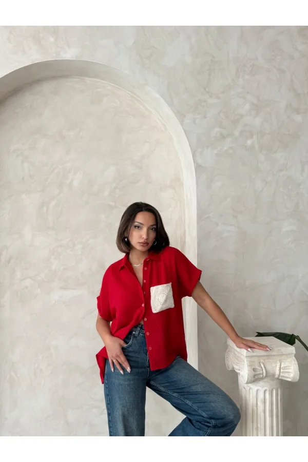 Topshow Kırmızı Keten Ham Cep Aplik Cepli Keten Toptan Gömlek