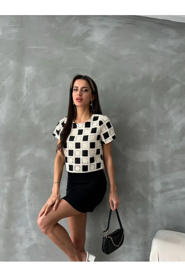 Topshow Raw Black Short Sleeve Checkerboard Pattern Crochet Wholesale Blouse