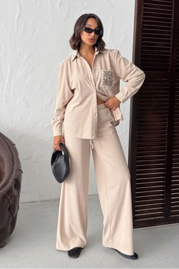 Topshow - Toptan Fitilli Kadife Pantolon - Taş