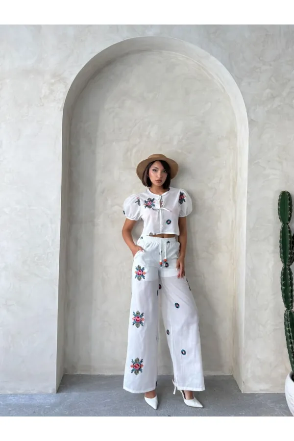Nakışlı Pantolon - Krem | Topshow