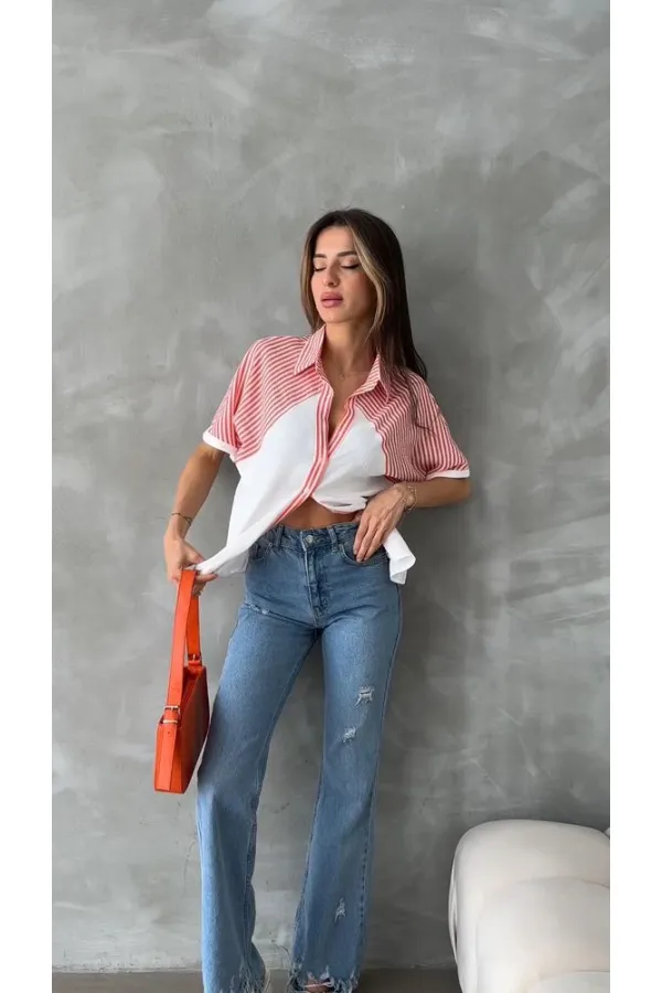 Topshow Orange Stripe Detailed Low Sleeve Wholesale Shirt