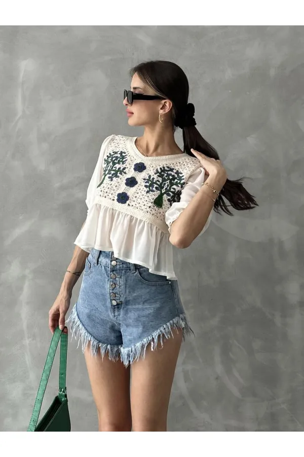 Topshow Stone Saxe Embroidered Wholesale Blouse