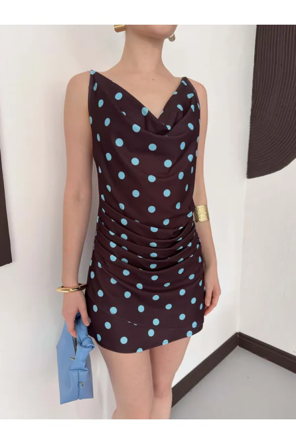 Puantiye Baskılı Elbise - Kahve Turkuaz | D3024 Topshow