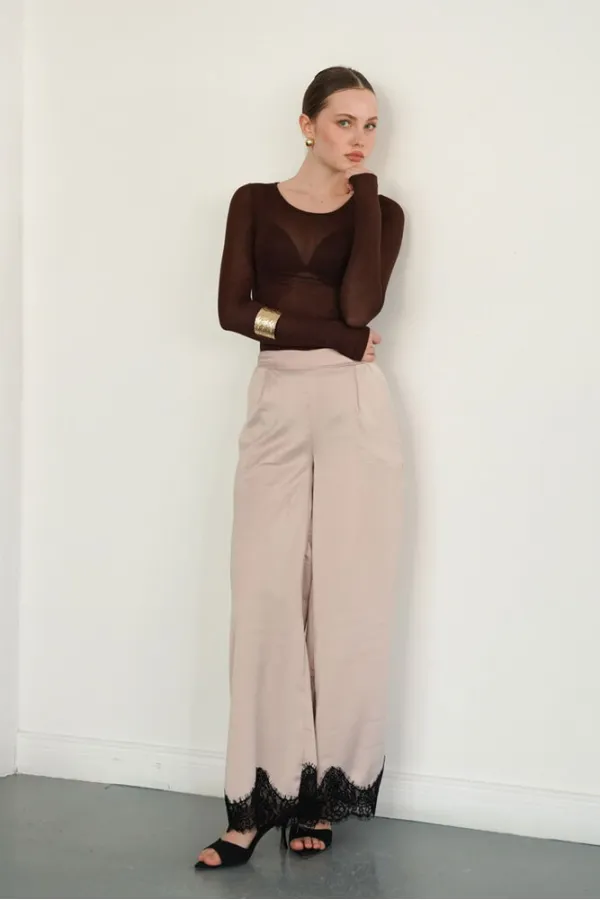Wholesale Satin Trousers with Lace Hem - Stone | D2969 - Topshow