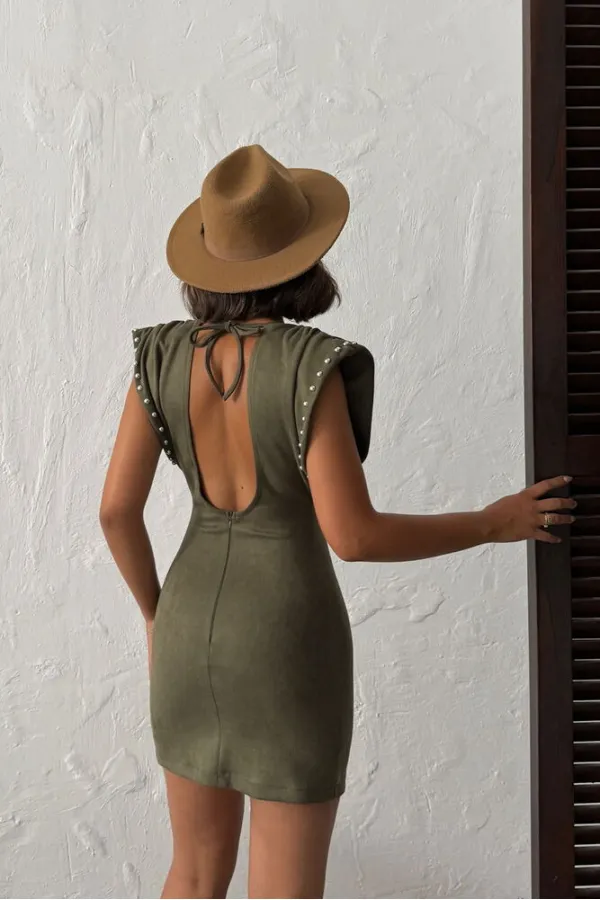Topshow - Wholesale Drop Scuba Suede Dress - Khaki