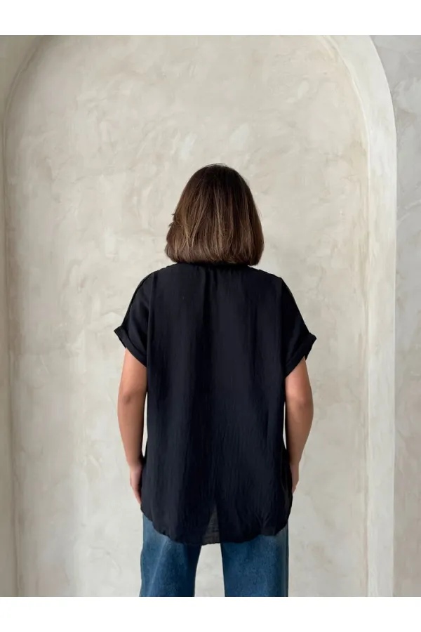 Chemise en lin noir brut Topshow avec poche appliquée et poche appliquée - Vente en gros