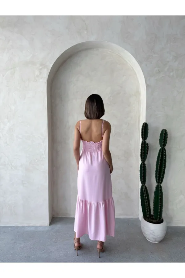 Robe longue en lin à bretelles et col en V - Rose | Topshow