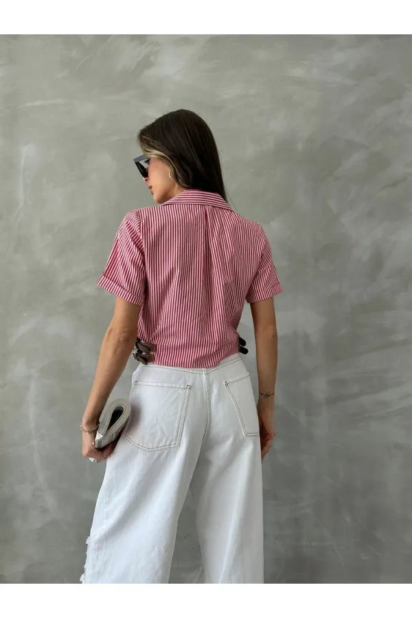 Topshow Red Striped Belt Detailed Striped Wholesale Shirt