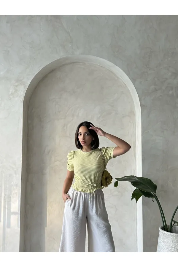 Topshow Fıstık Yeşili Beli Gipeli Pitikareli Toptan Bluz