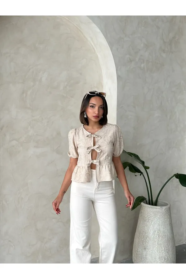 Önden Bağlamalı Nakışlı Toptan Bluz - Taş | Topshow