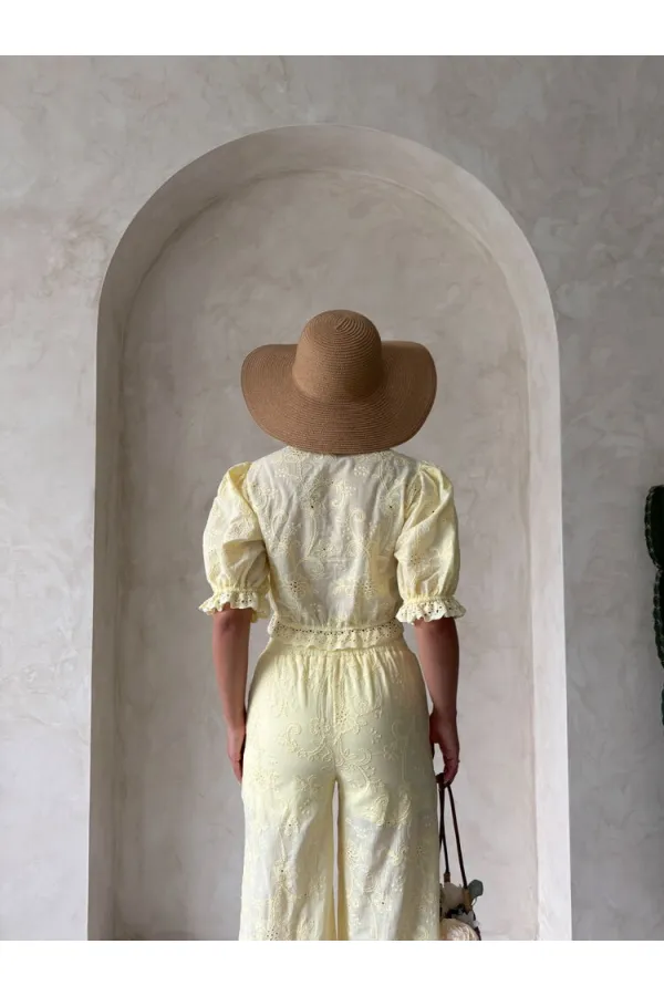 Embroidered Blouse with Scallop Detail - Yellow | Topshow