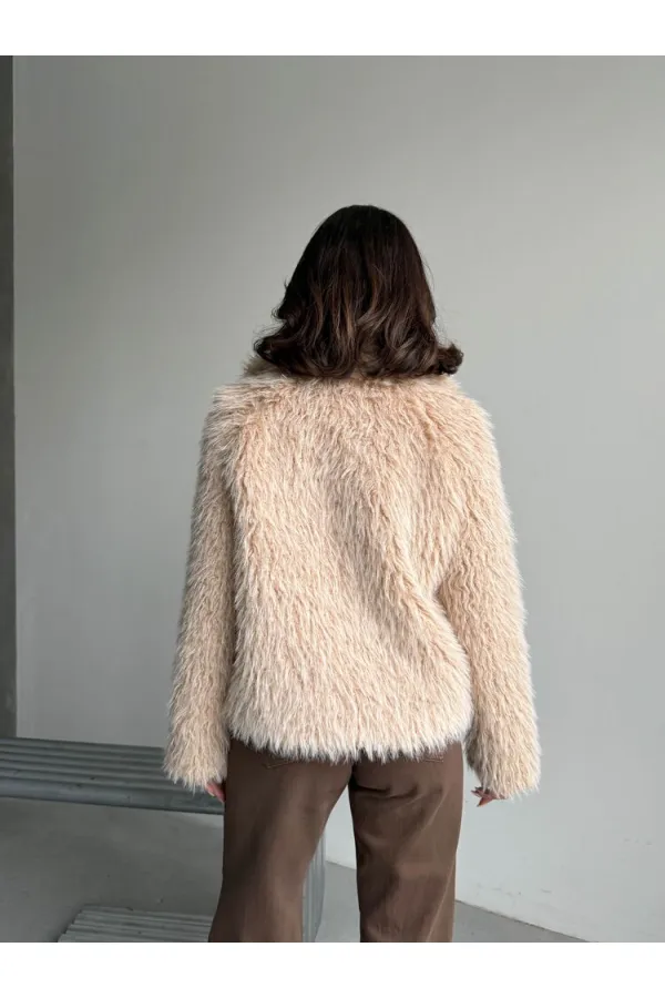 Faux Fur Women's Jacket – Zippered, Soft Textured Modern Winter Coat - STONE