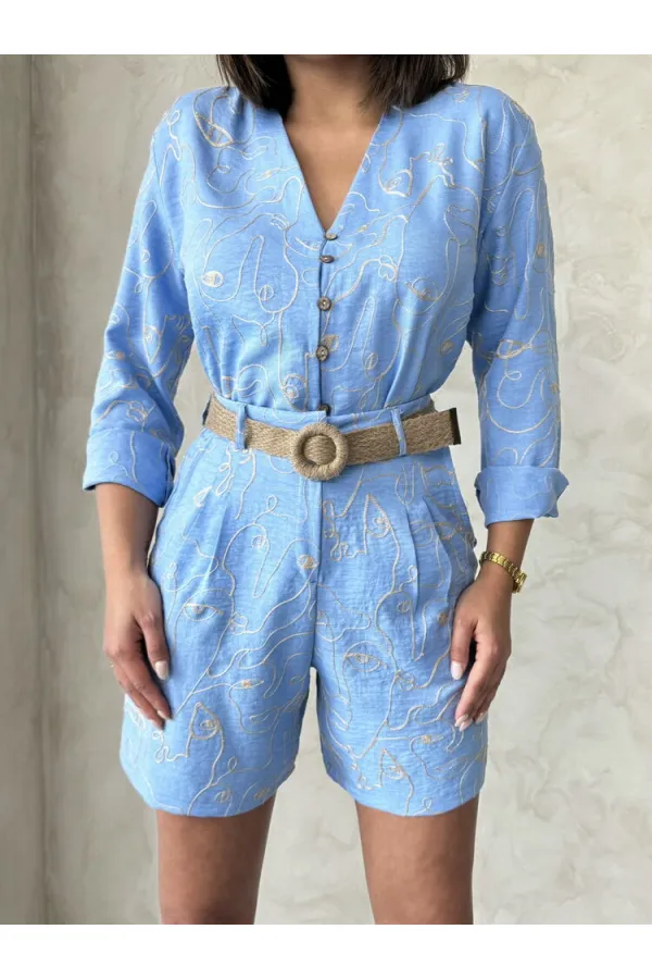 Nakışlı Toptan Şort - Açık Mavi | Topshow