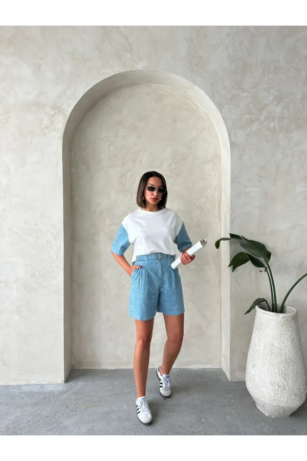 Kol Detaylı Tişort - Mavi | Topshow