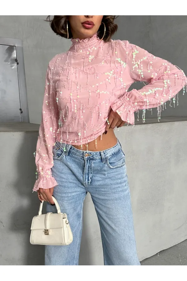 Saçaklı Toptan Bluz - Pembe | TOPSHOW | F1851