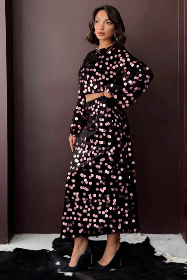 Topshow - Jupe en velours à sequins en gros - Noir et rose