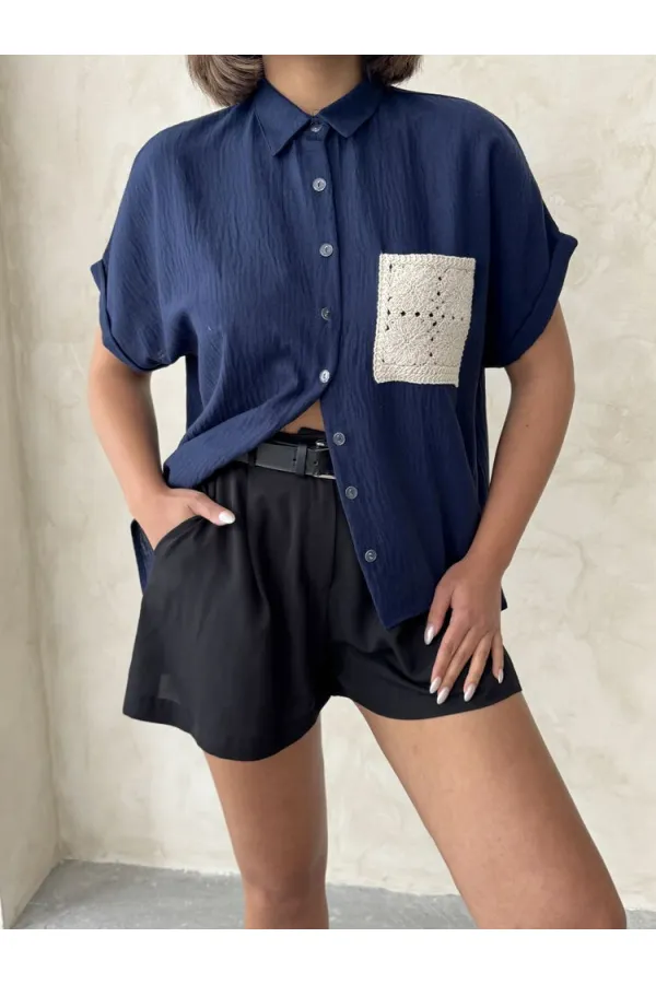 Topshow Lacivert Keten Ham Cep Aplik Cepli Keten Toptan Gömlek