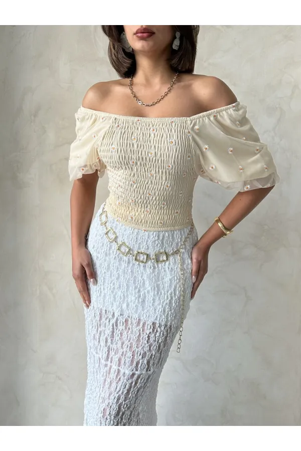 Blouse en mousseline à motifs et détails en pierre Topshow (vente en gros)