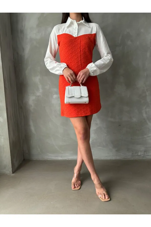 Knee-Length Poplin Dress with Sleeves and Chest - Orange | TOPSHOW | F1139