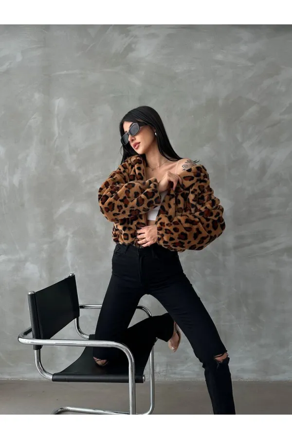 Leopar Bskılı Pejuş Toptan Mont - Camel Leopar | TOPSHOW | F1654