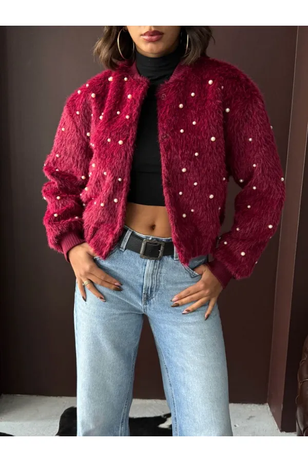 Topshow - Veste bomber en fausse fourrure (vente en gros) - Détails perles - Bordeaux