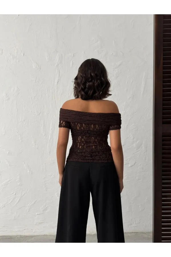 Topshow | Rose Detail Lace Blouse - Coffee | D2749