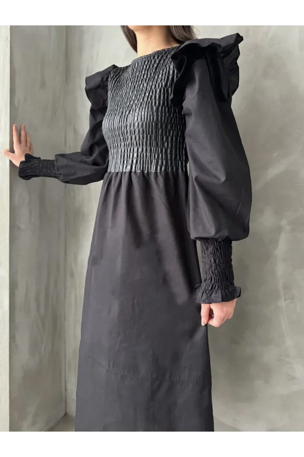 Topshow Black Body Leather Sleeve Wholesale Skirt Poplin Wholesale Dress | F0843