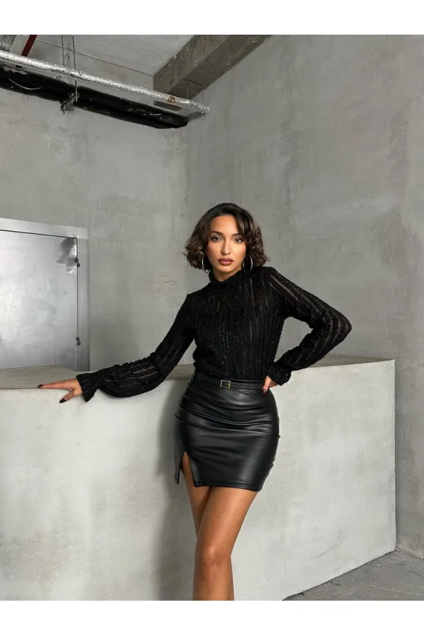 Simli Sakallı Toptan Bluz - Siyah | TOPSHOW | F1852