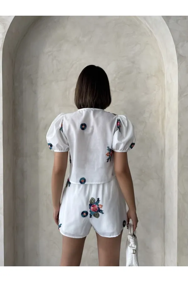 Nakışlı Vual Şort - Krem - D2882 | Topshow