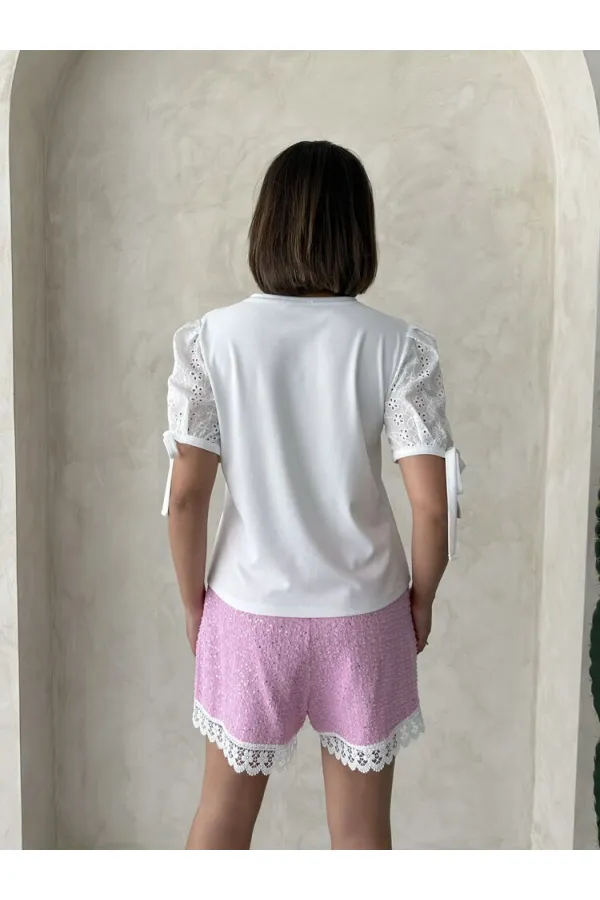 Güpür Detalı Pullu Kot Şort - Pembe | Topshow