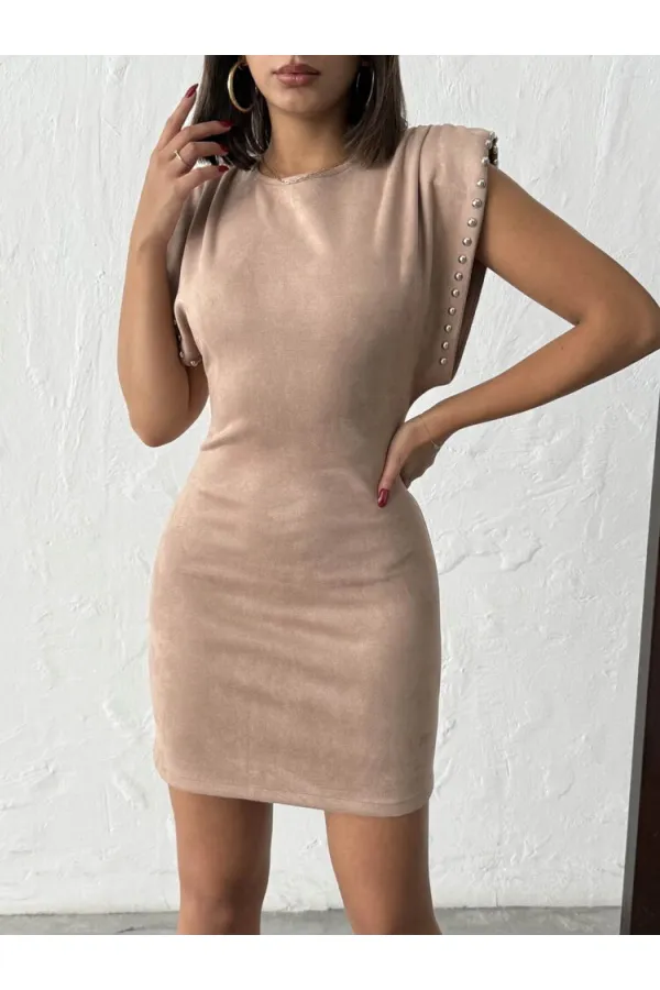 Topshow Drop Scuba Suede Wholesale Dress - Stone | F2002